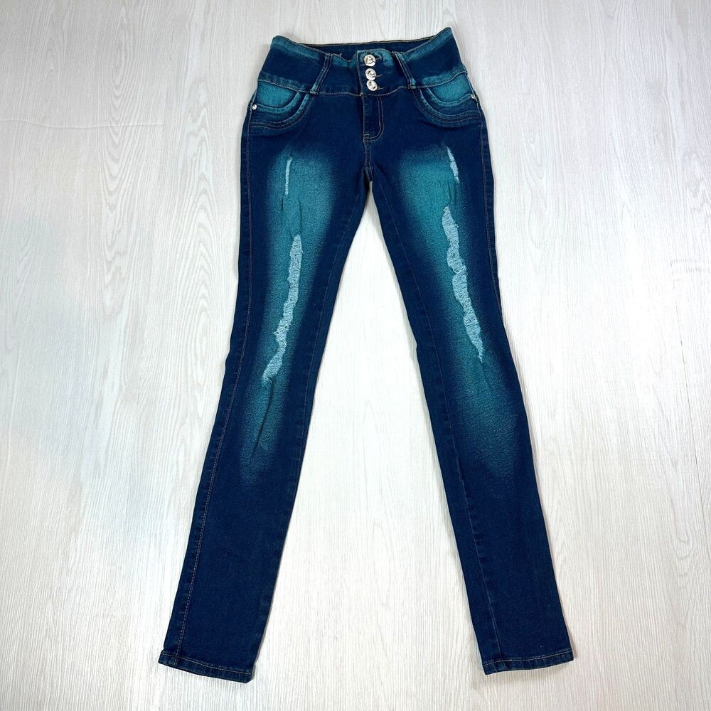 Silver Diva Womens Size 3 Y2K Distressed Stretch Skinny Jeans Rhinestone Buttons